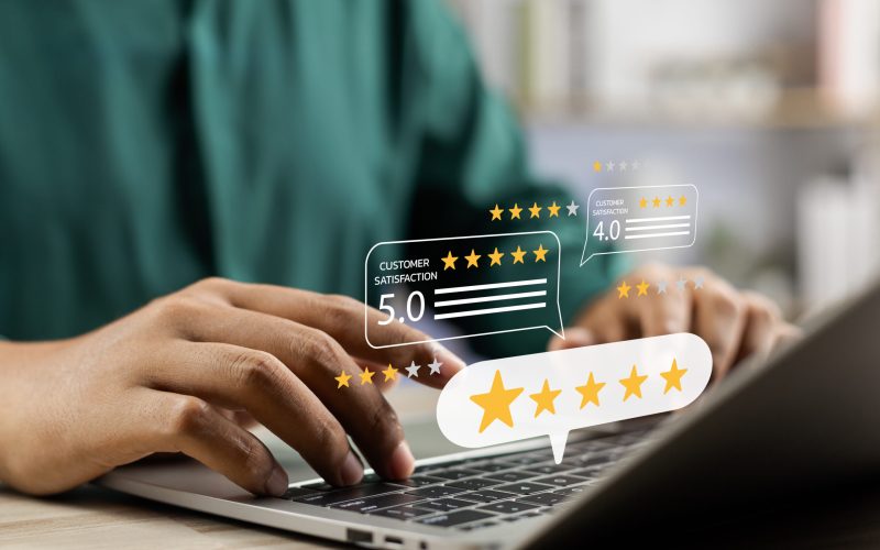 Online customer satisfaction Survey service concept, client rate service from experience in application,Consumer give five-Stars and feedback review for quality, Business reputation ranking from buyer